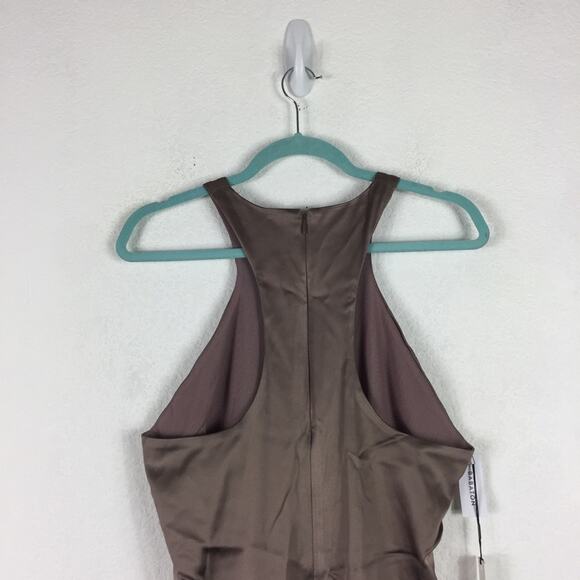 Aritzia Babaton Satin Mini Dress 10 Pressure 90s Taupe High Shine Racer Back - Picture 14 of 16